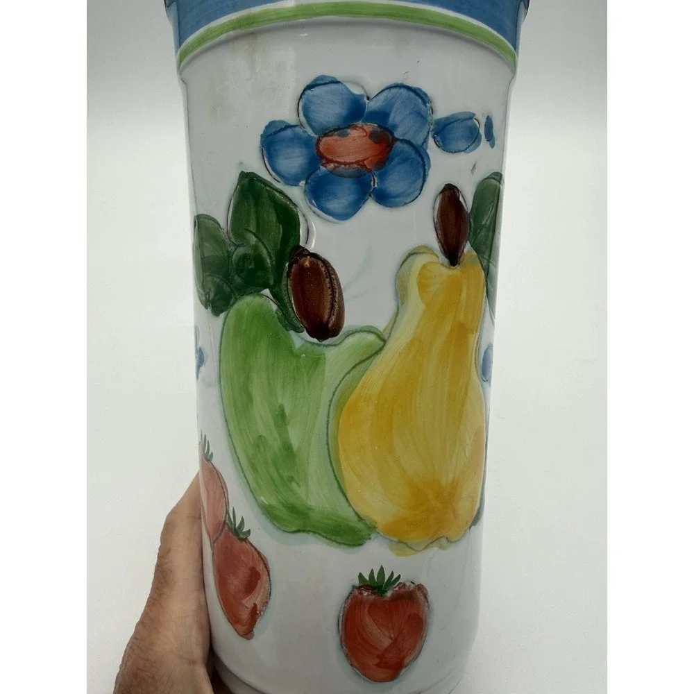 Vintage  Glazed Terracotta Wine Cooler Fruit Motif Italy Utensil Holder